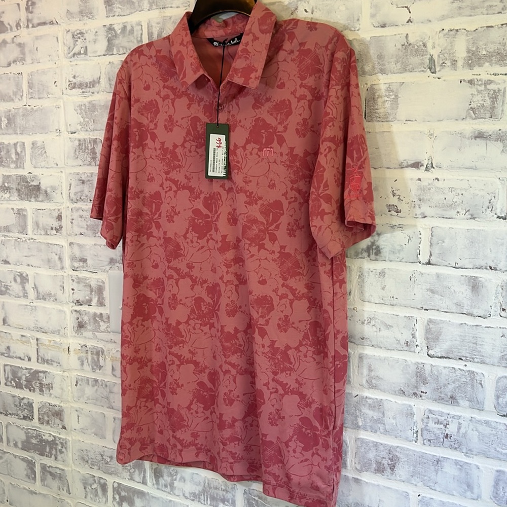 Travis Mathew Polo Shirt Mens Medium Pink Floral Marbella Golf Short Sleeve NWT - Picture 2 of 8